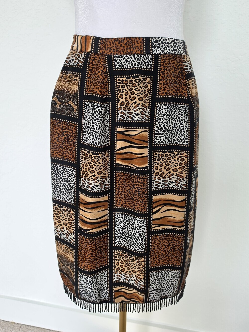 Vintage Silkland 100% Silk Animal Print Beaded Fringe Pencil Skirt Size 6 | 10